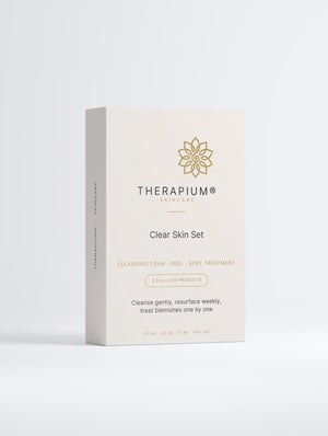 Therapium Clear Skin Set gift box, front of the printed sleeve on a plain studio background