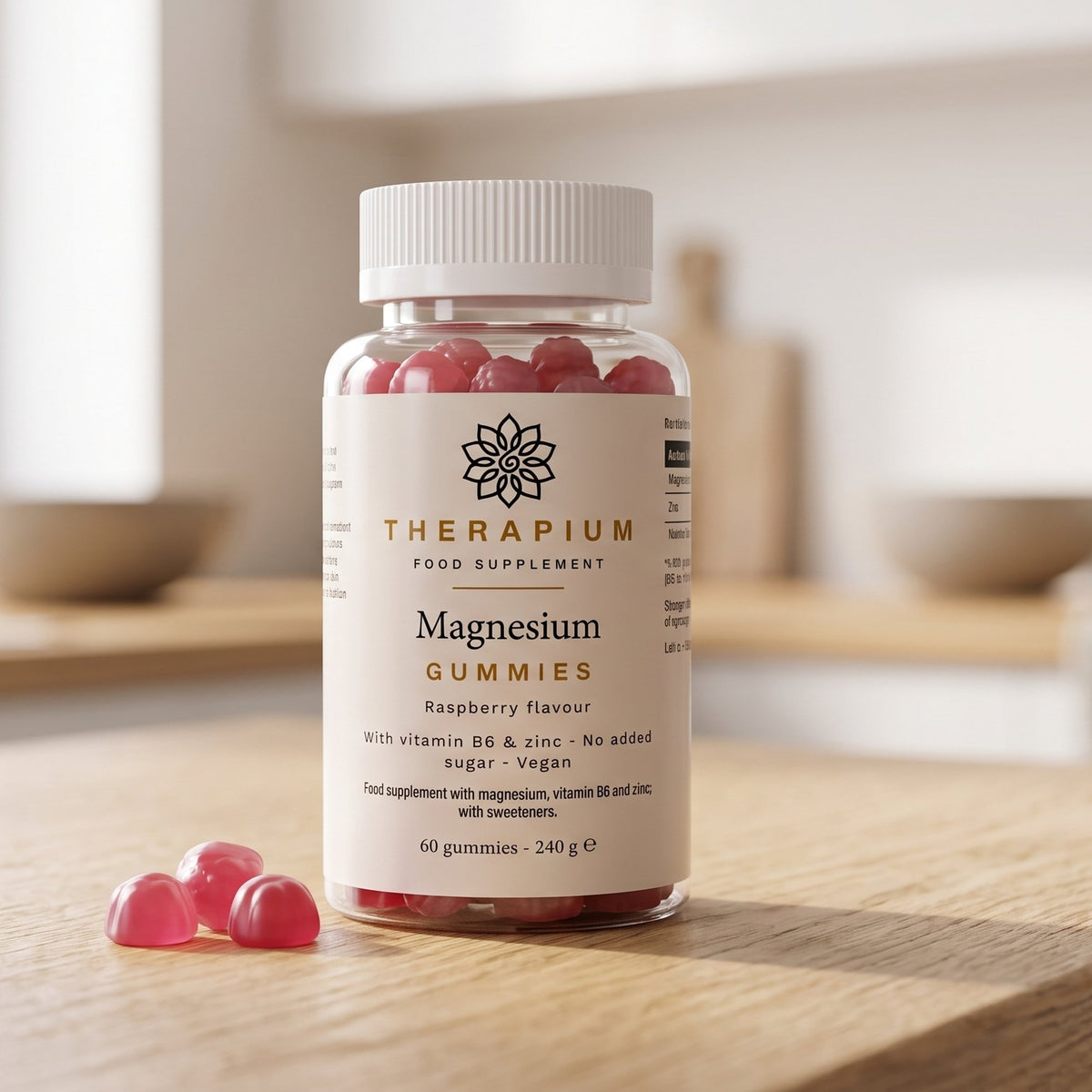 Therapium Magnesium Gummies jar on a kitchen counter beside loose raspberry gummies