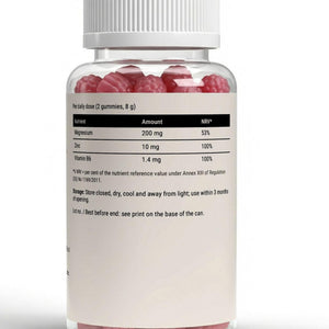 Back label of the jar: magnesium 200 mg, zinc 10 mg and vitamin B6 1.4 mg per daily dose of two gummies