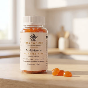 Therapium Multivitamin Gummies Kids jar on a kitchen counter beside loose orange gummies