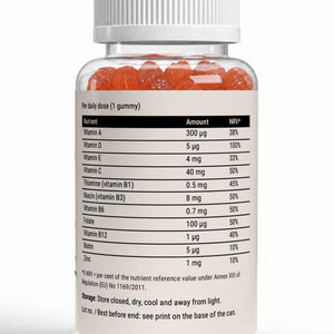 Back label of the jar: the nutrient table with all eleven nutrients, their amounts and their reference values
