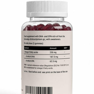Back label of the jar: omega-3 250 mg per daily dose of two gummies, of which DHA 187.5 mg and EPA 62.5 mg