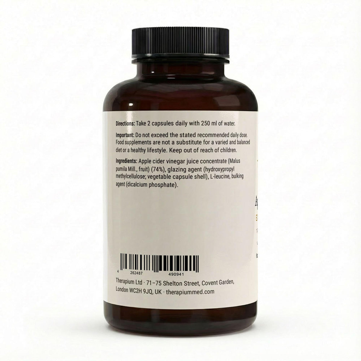 Therapium Apple Cider Vinegar Extract capsules — side of the bottle with directions and ingredients