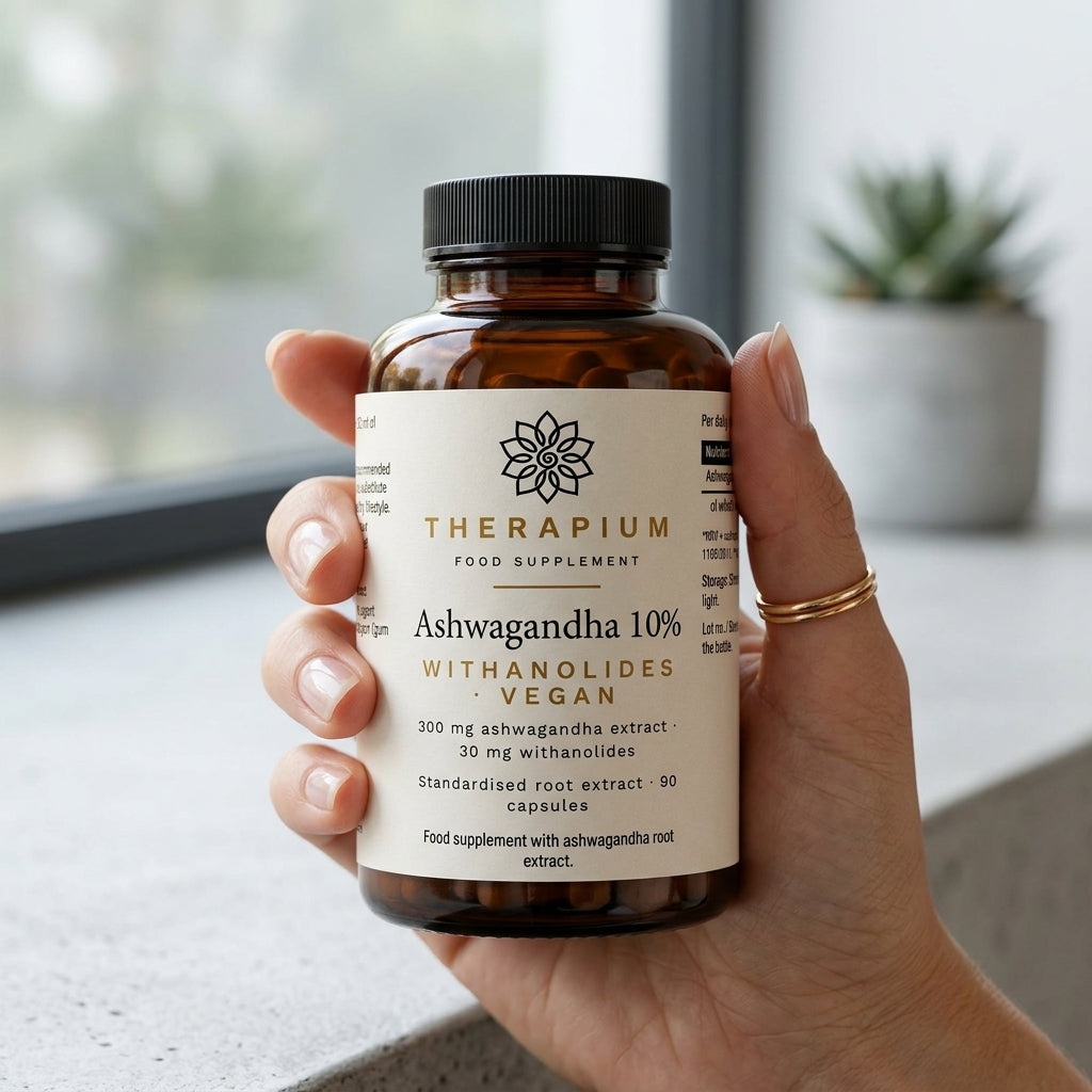 Therapium Ashwagandha bottle held in one hand by a window, real-size scale