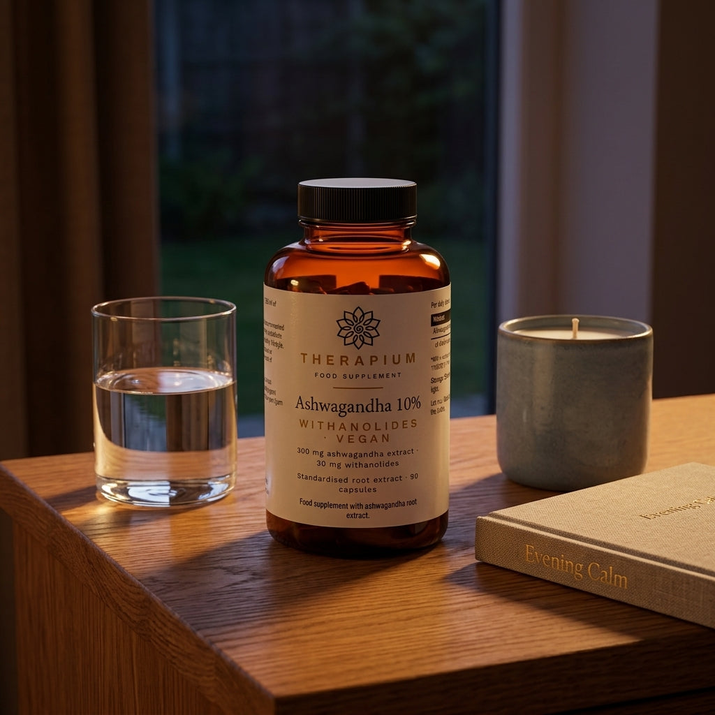 Bottle on a wooden nightstand at dusk beside a glass of water and an unlit candle