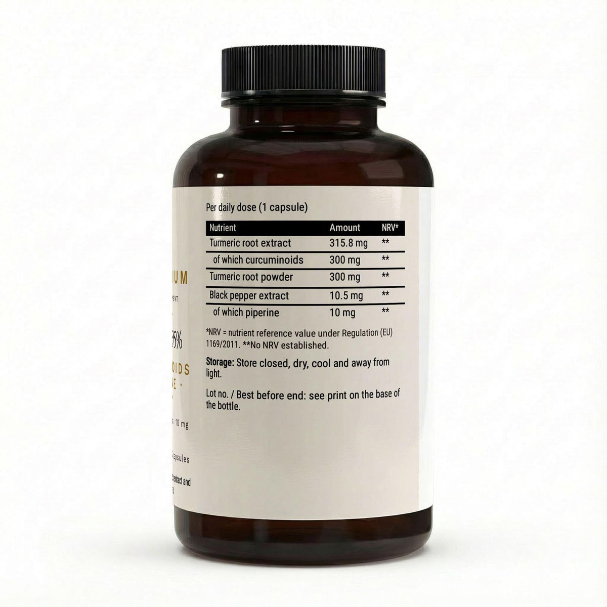 Side of the label with the per-daily-dose nutrient table for turmeric extract, powder and black pepper extract
