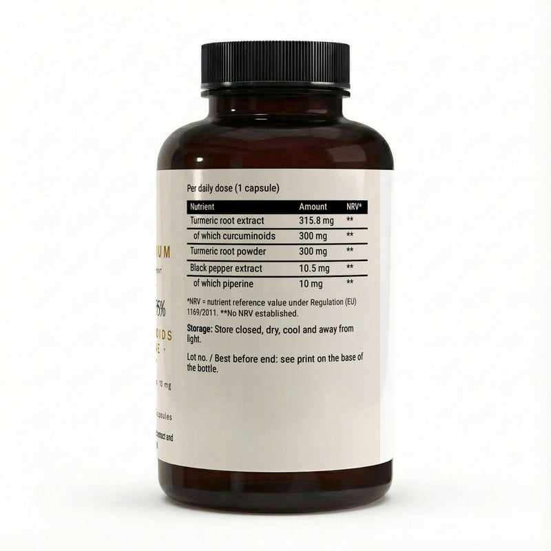 The label with the turmeric and black pepper table and the ingredient list