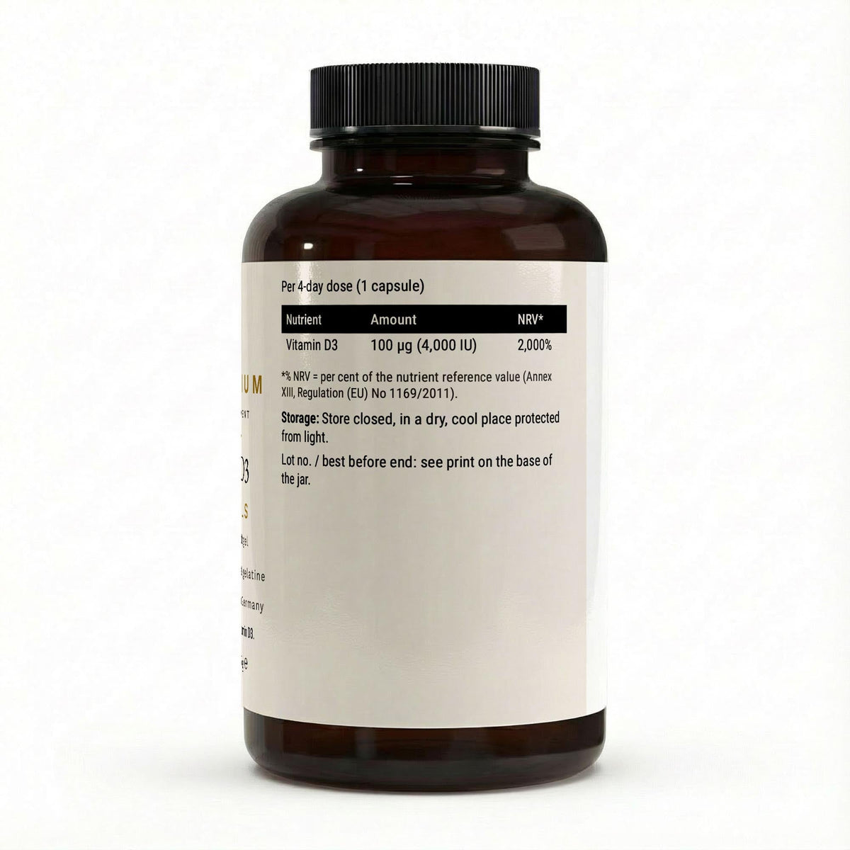 Therapium vitamin d3 4 000 iu 180 softgels — Back: Dose, lot and best-before