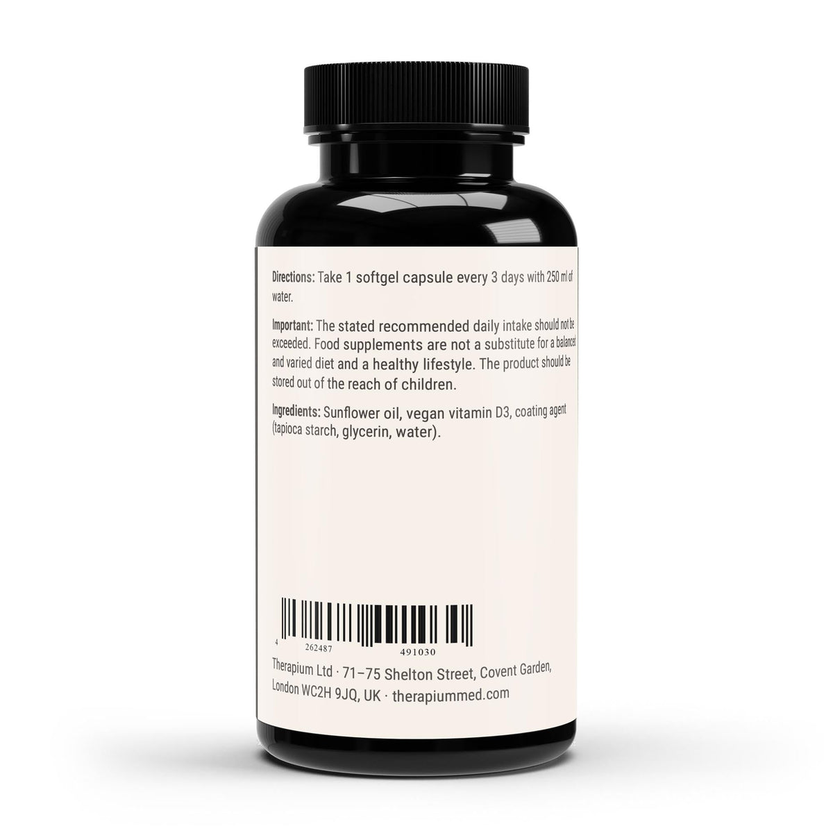 Therapium vitamin d3 3 000 i u 60 vegan softgels — Back: Dose, lot and best-before