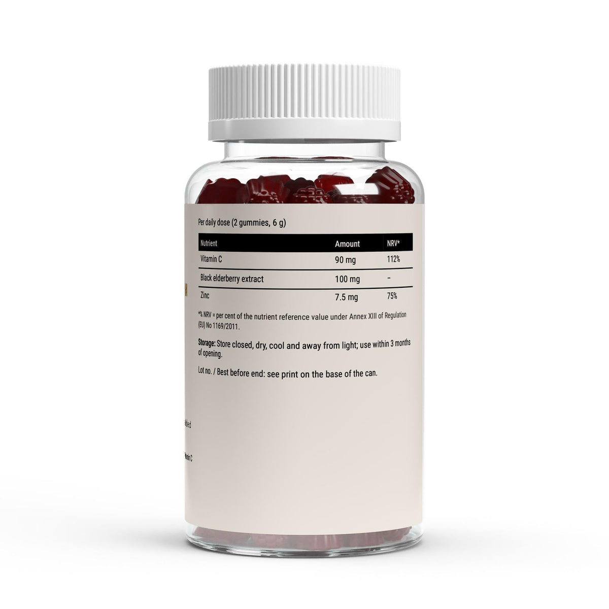 Therapium elderberry vitamin c zinc gummies 60 pcs — label, per-daily-dose nutrient table