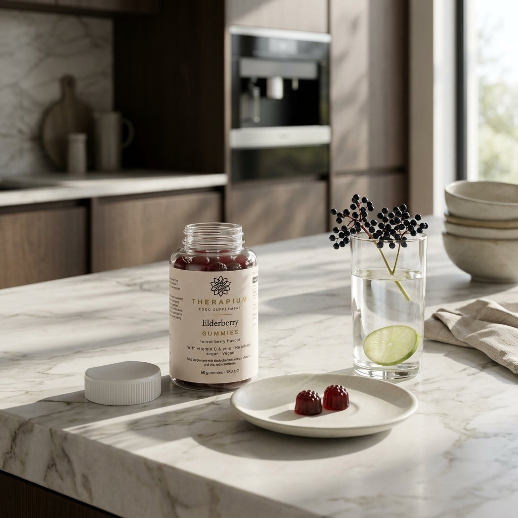 Therapium elderberry vitamin c zinc gummies 60 pcs — kitchen counter scene