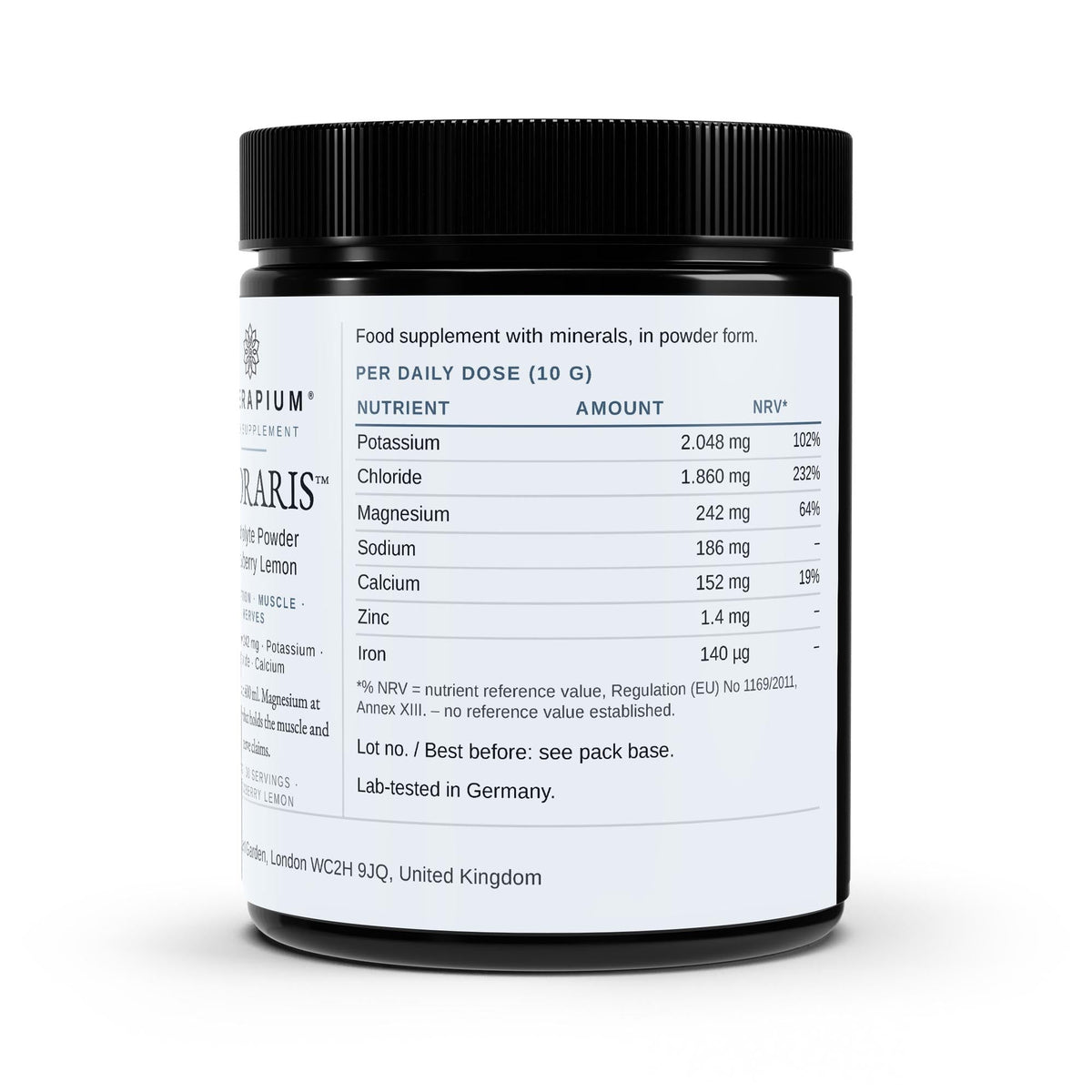 Back of the Therapium HYDRARIS Electrolyte Powder Strawberry Lemon tin with directions and storage