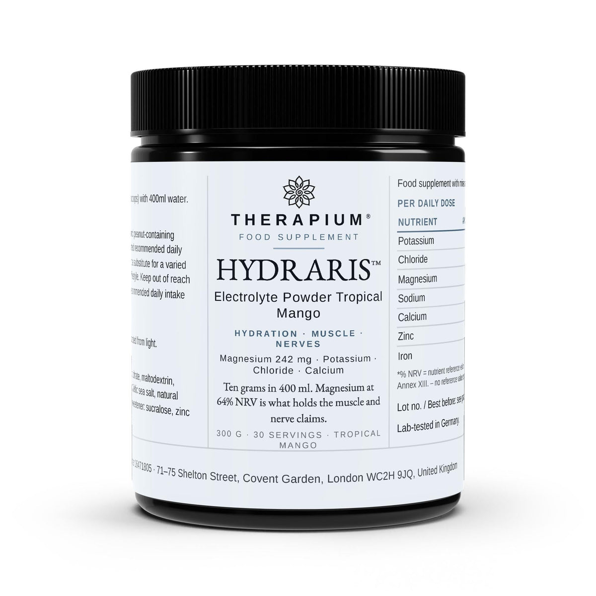Therapium HYDRARIS Electrolyte Powder Tropical Mango tin, studio shot