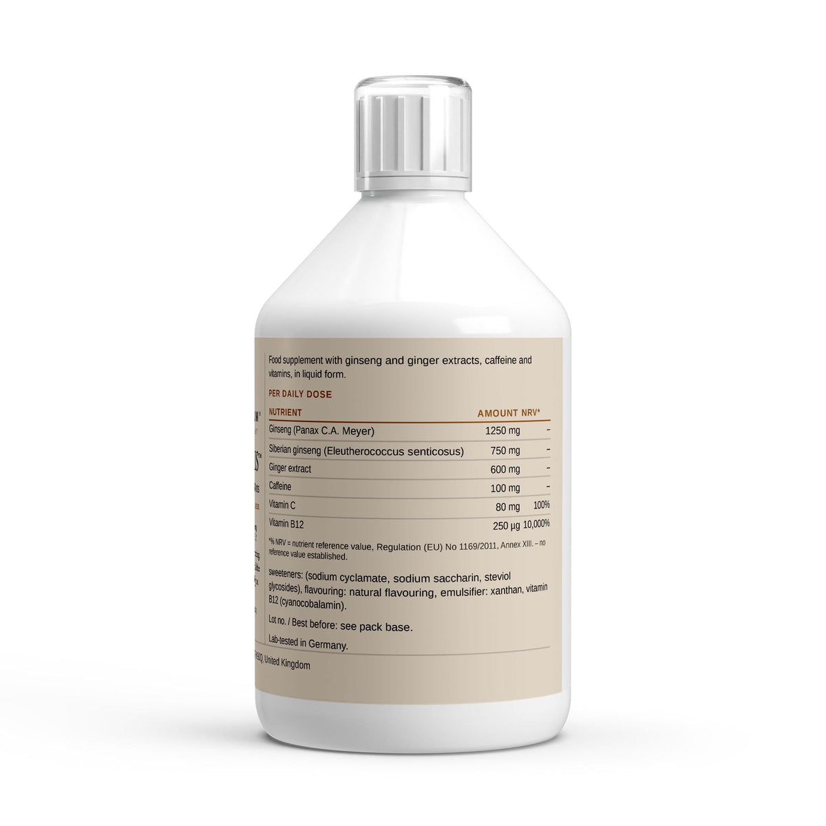 Back label with the ginseng, eleuthero, caffeine and vitamin nutrition table