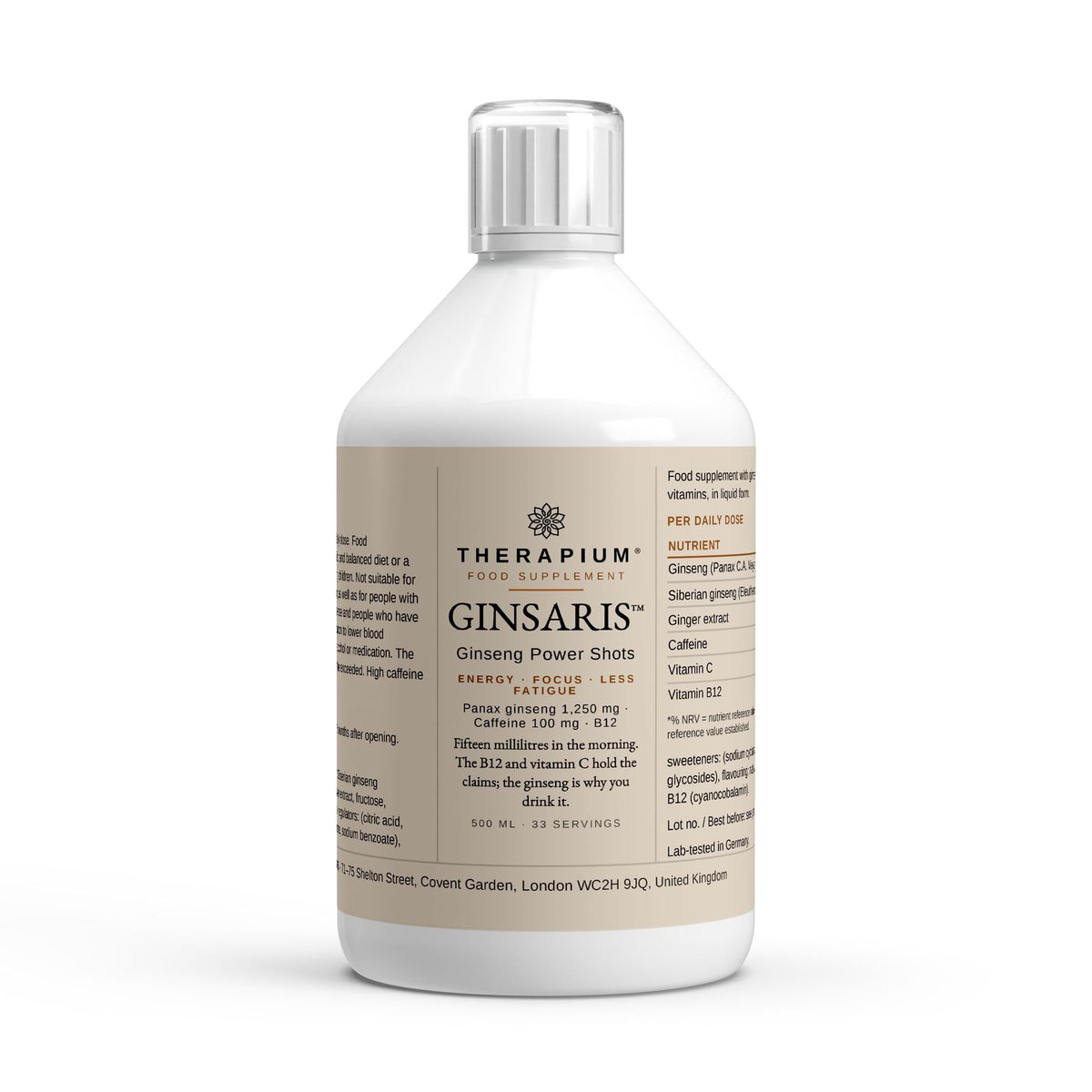 GINSARIS Ginseng Power Shots bottle, 500 ml, studio shot