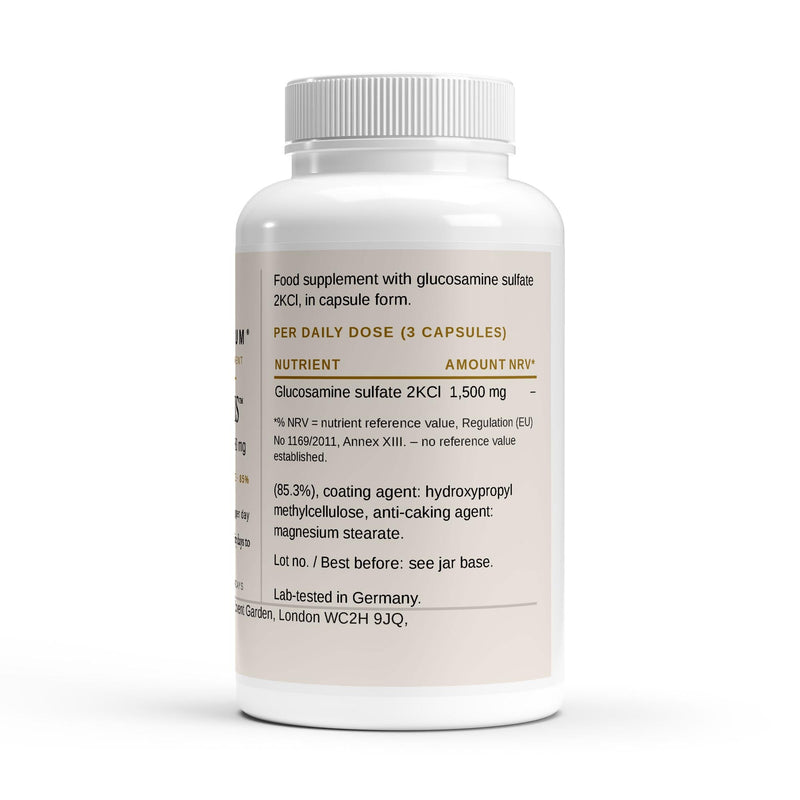 The label with the glucosamine amount and the ingredient list