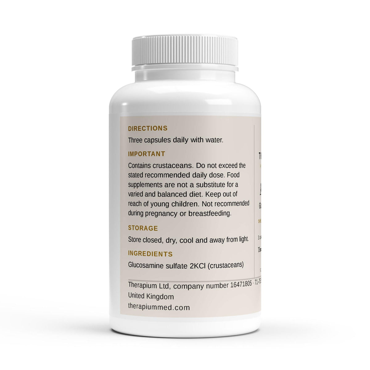 Back of the Therapium ARTIVIS Glucosamine 500 mg jar with directions and storage