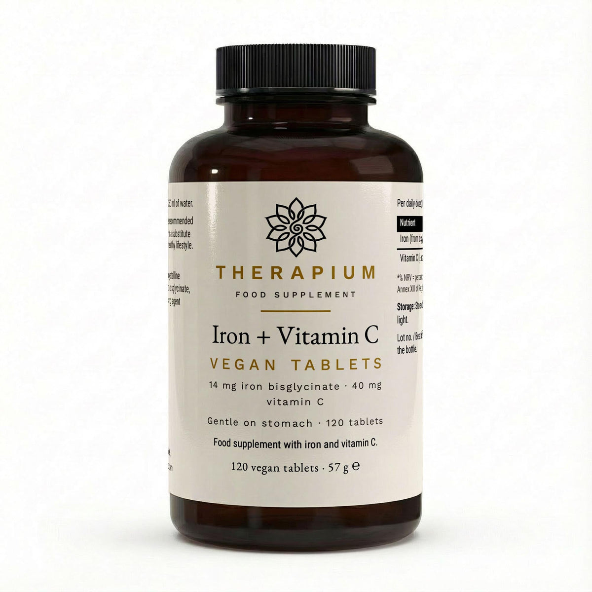 Therapium FERRIVIS Iron + Vitamin C, front studio render of the amber bottle of 120 vegan tablets