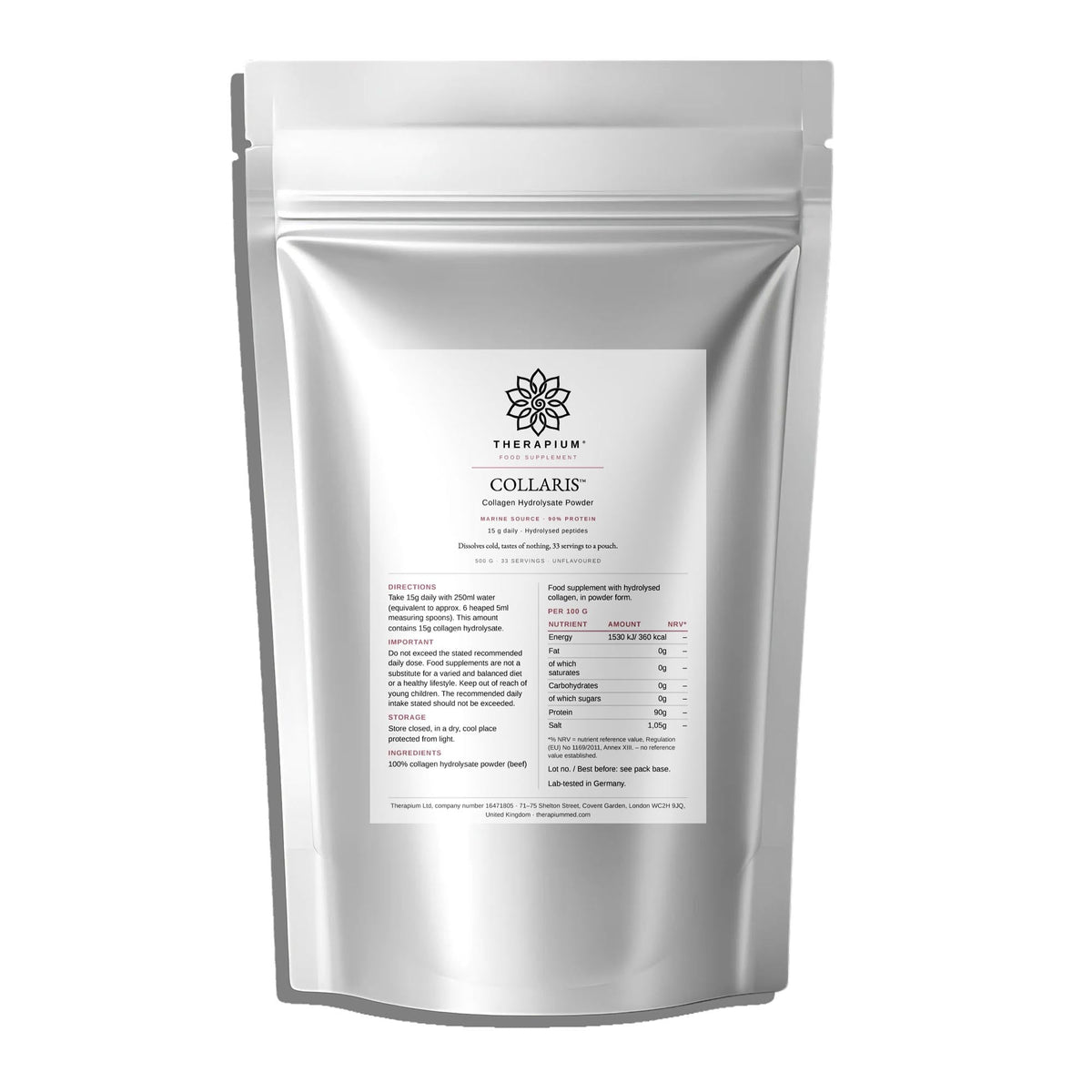 Therapium COLLARIS Collagen Hydrolysate Powder pouch, printed panel with the nutrition table and ingredient line