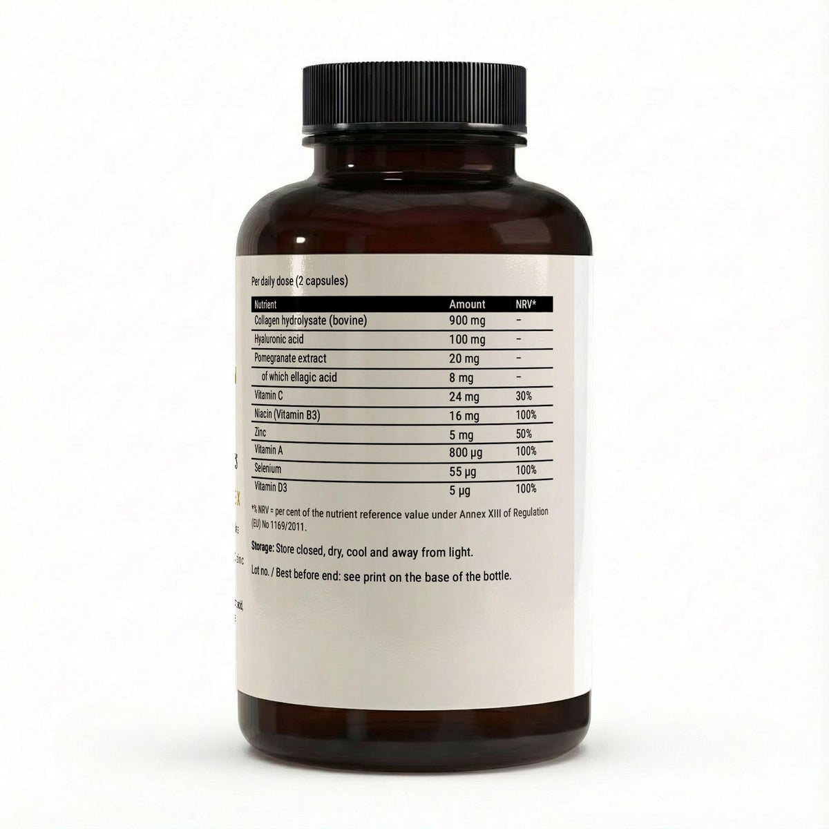 Therapium COLLARIS Collagen Peptides Plus bottle, back label with the collagen, hyaluronic acid and vitamin table