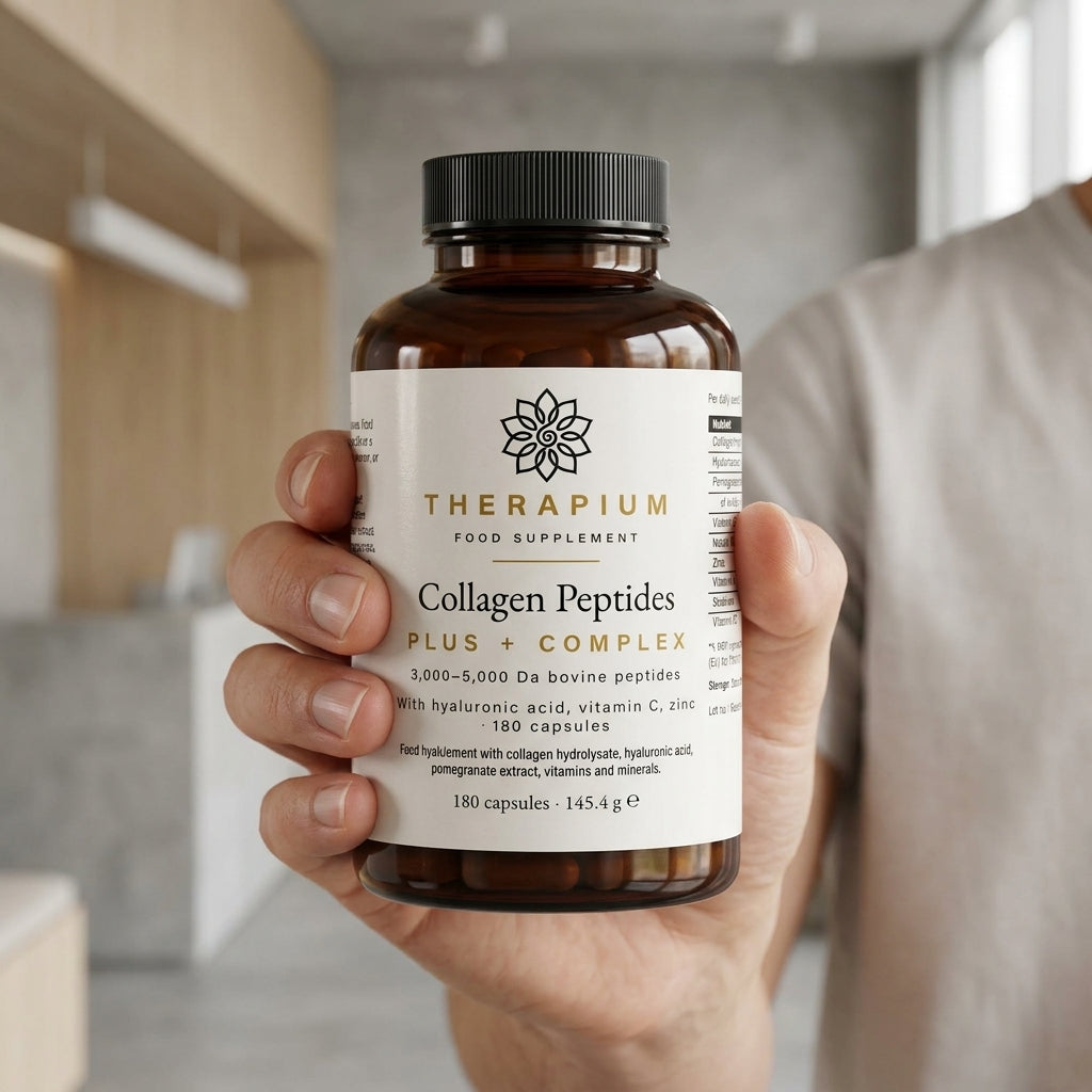 Therapium COLLARIS Collagen Peptides Plus bottle held in one hand, real size