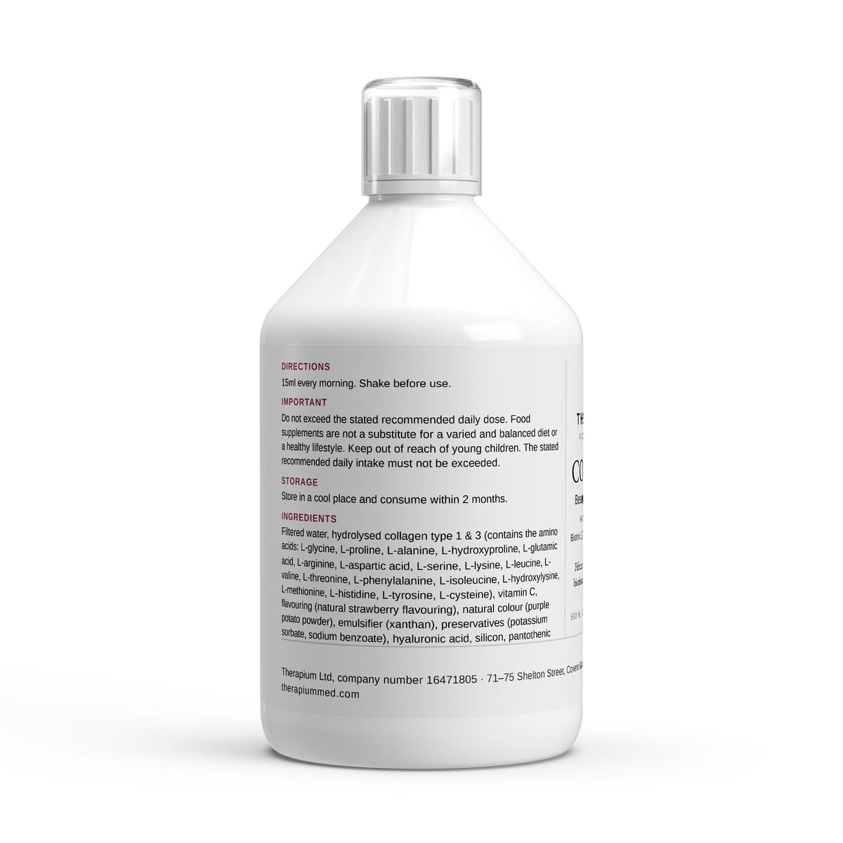 Therapium COLLARIS Beauty Collagen Shots bottle, side panel with directions and full ingredient list