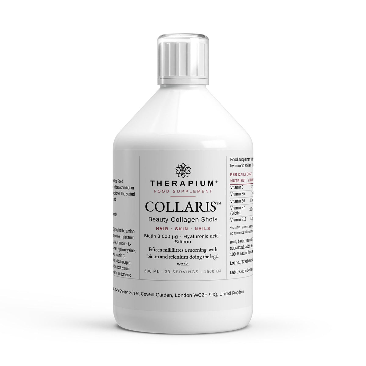 Therapium COLLARIS Beauty Collagen Shots bottle, front studio render with the Hair Skin Nails tagline