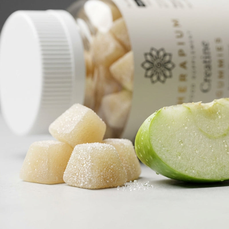 Close-up of the creatine gummies beside a halved apple and the open jar