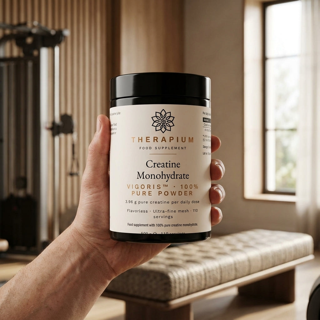 Therapium VIGORIS Creatine Monohydrate Powder — one level scoop in hand, real size