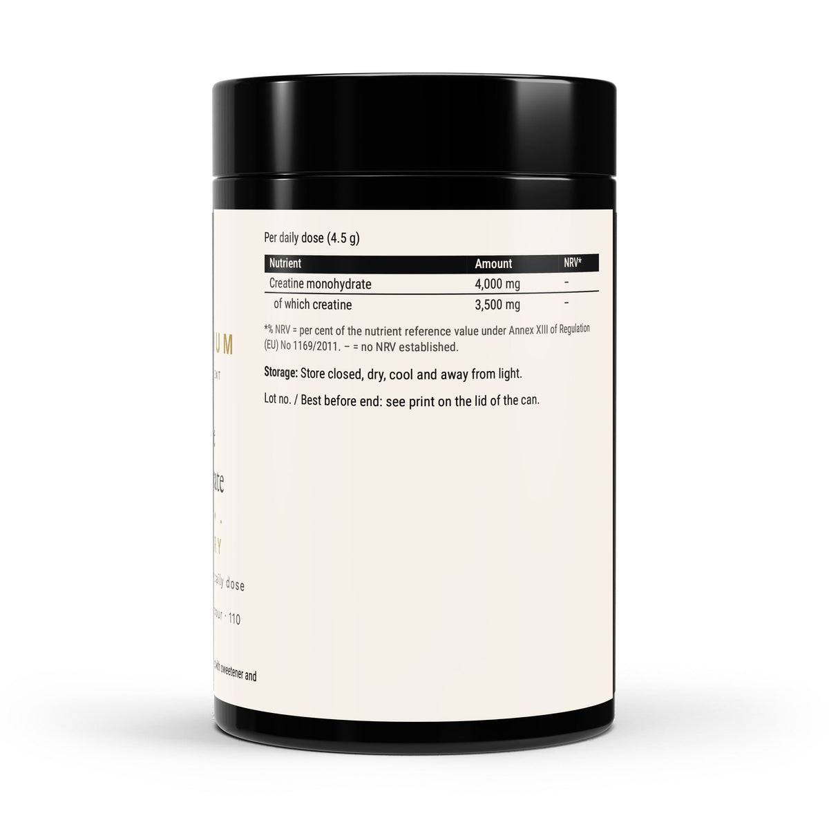 Therapium VIGORIS Creatine Monohydrate Raspberry tin, back label with the daily-dose table