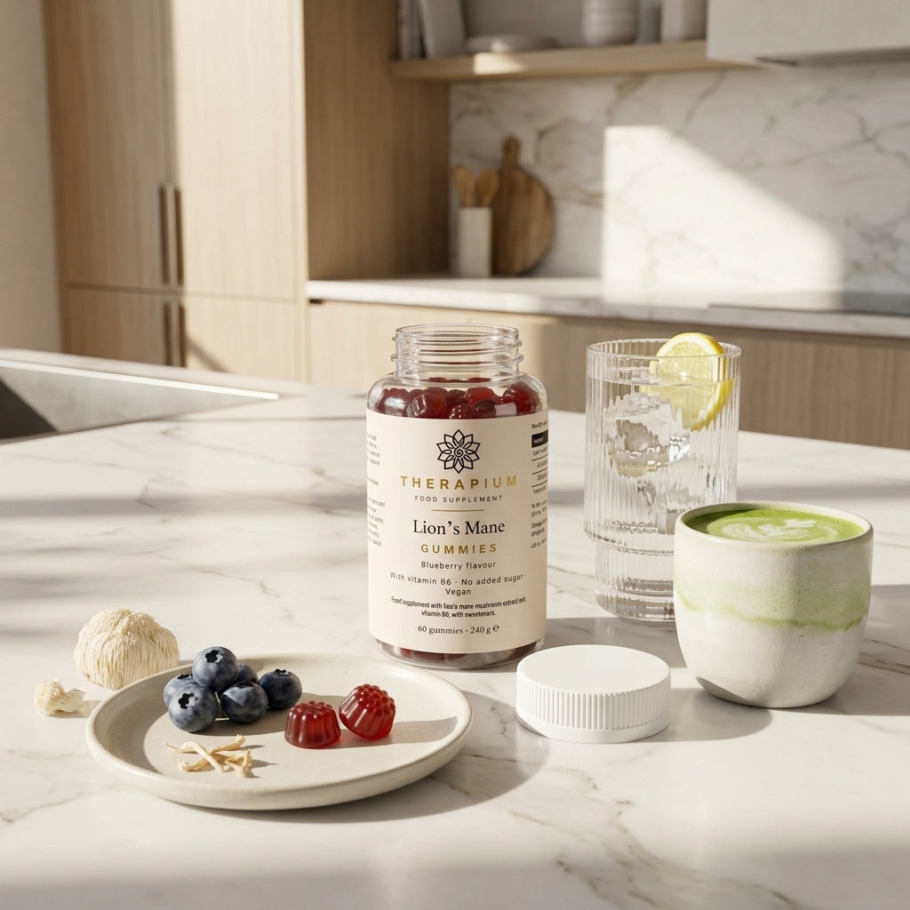 Therapium Lion's Mane Gummies jar on a marble kitchen counter