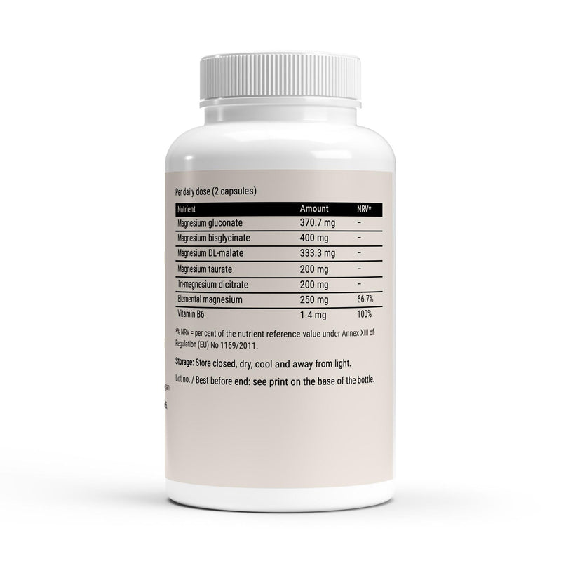 The label with the five magnesium forms and the vitamin B6 line