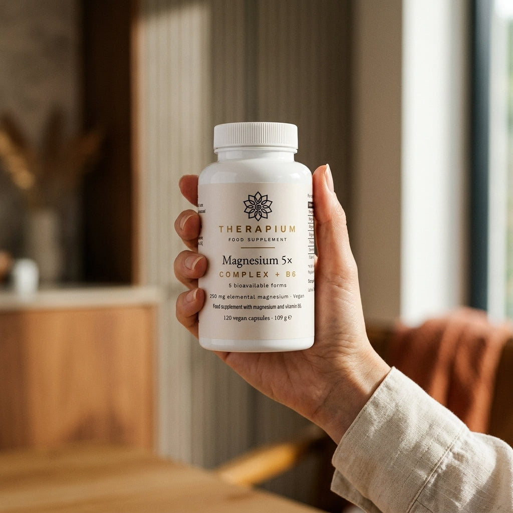 Therapium MAGNARIS Magnesium 5x Complex bottle held in one hand, real size