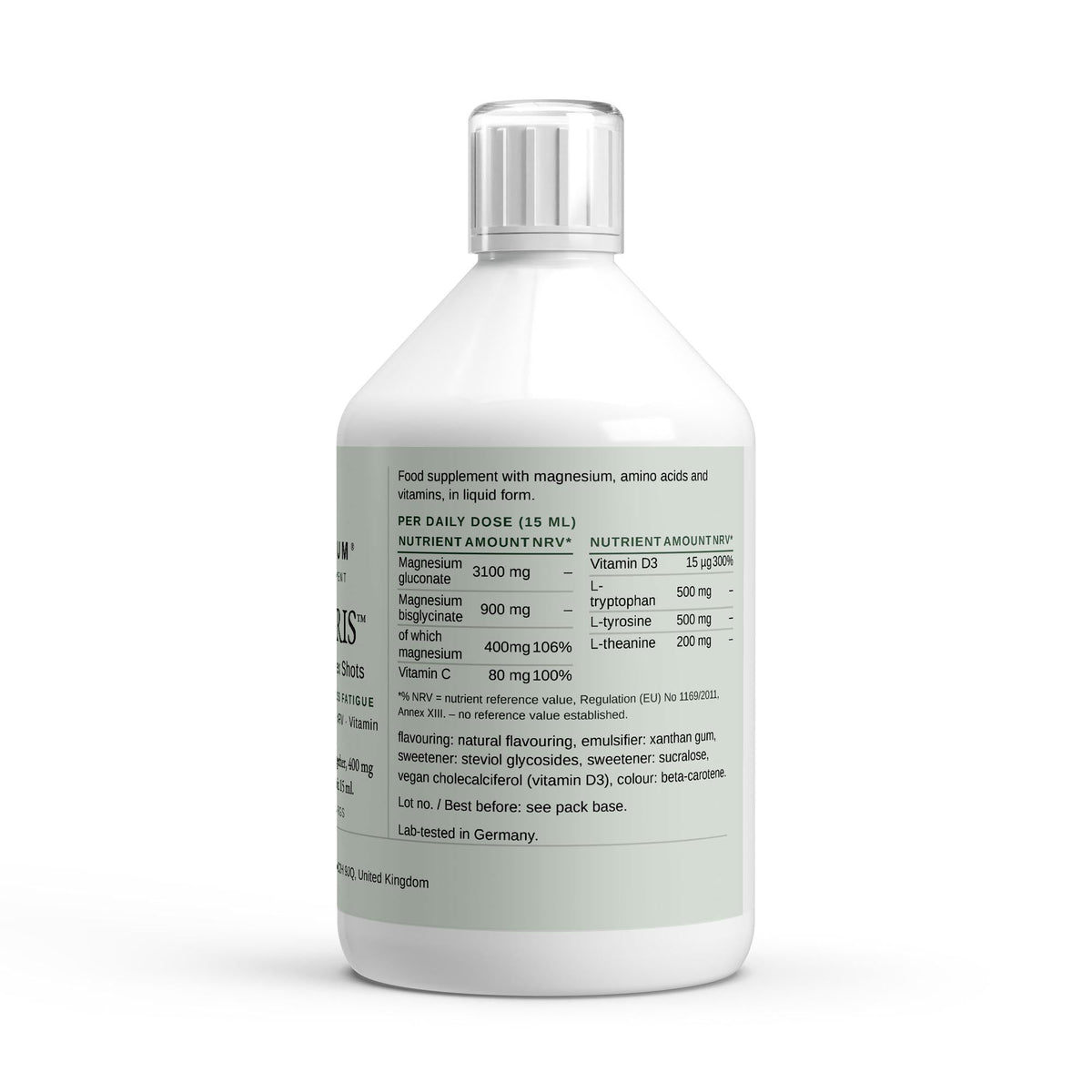 Back label with the magnesium, vitamin C, vitamin D3 and amino acid nutrition table