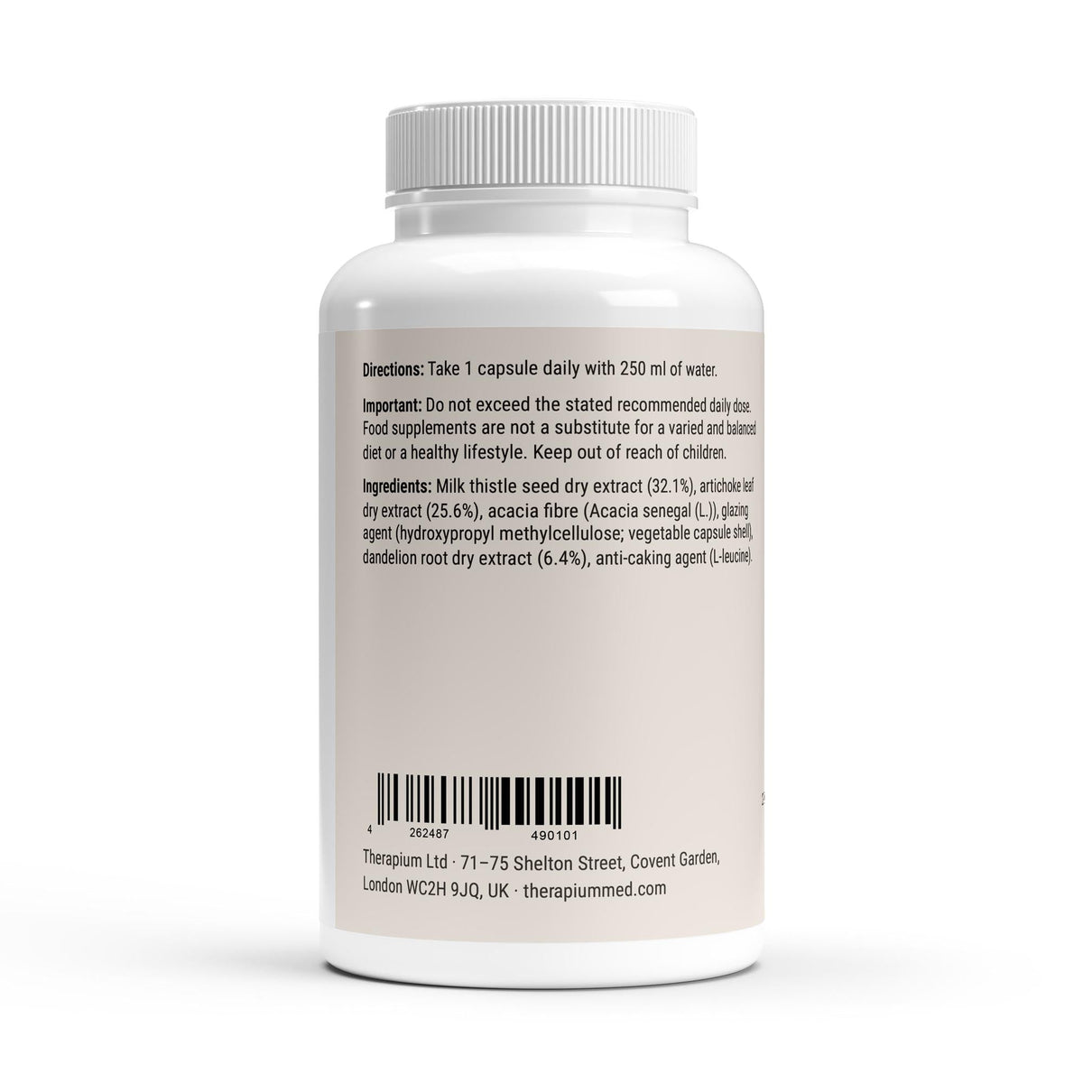 Therapium Milk Thistle, Artichoke & Dandelion — side of the bottle with directions and ingredients