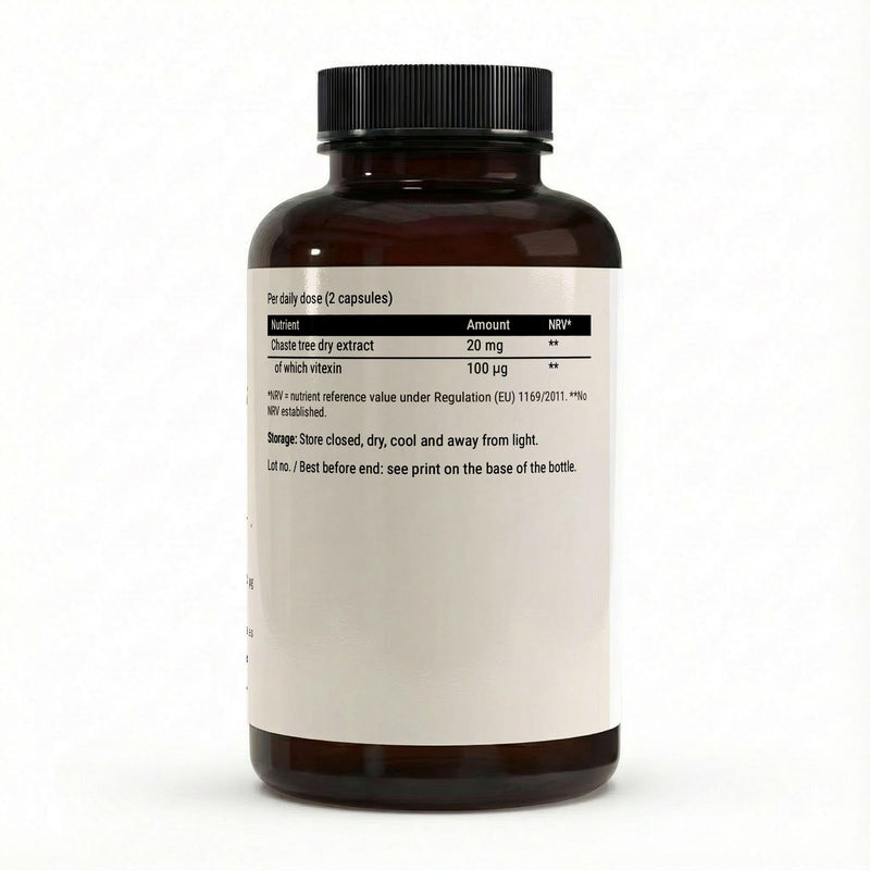 The label with the chaste tree extract table and the ingredient list