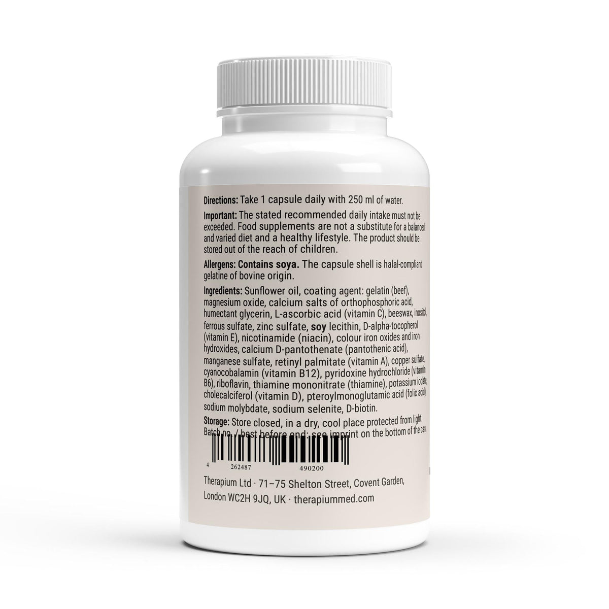 Therapium multivitamin and mineral complex 120 softgels — directions, ingredients, allergens and address panel