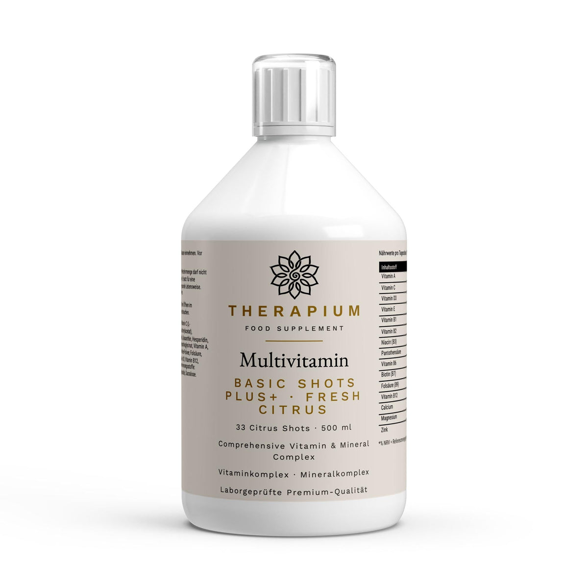 Multivitamin Basic Shots PLUS+ Fresh Citrus bottle, 500 ml, front of pack