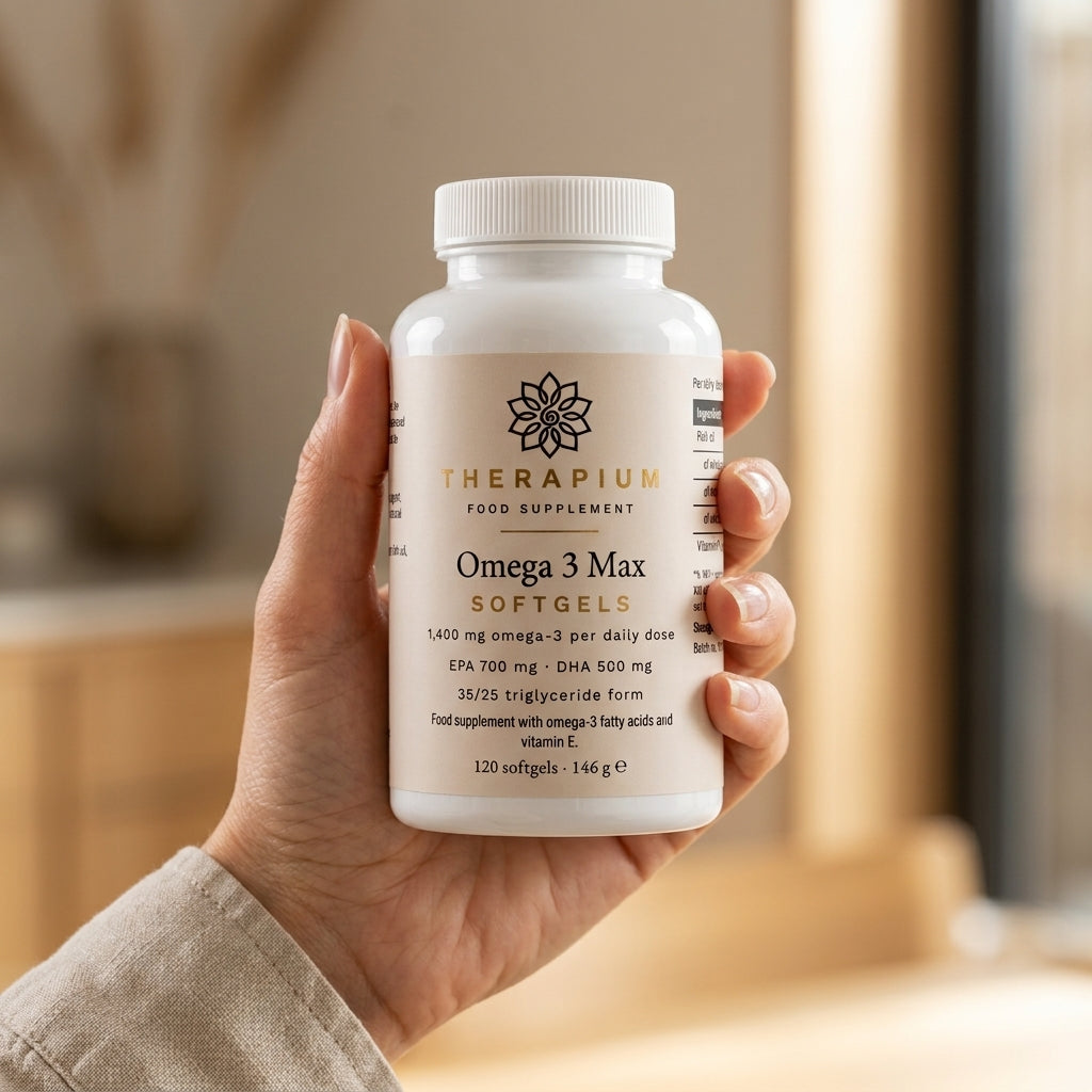 Therapium omega 3 max 35 25 120 softgels — Morning: Two softgels with a meal