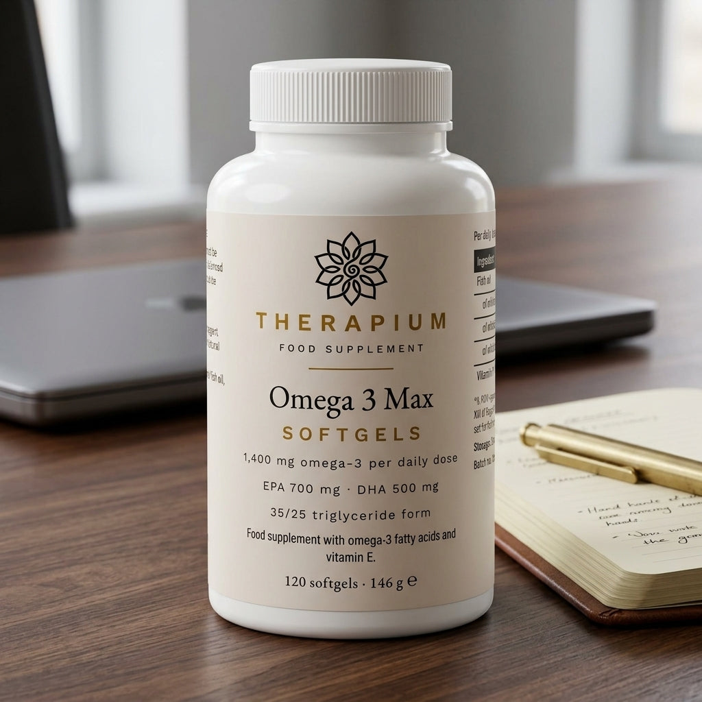 Therapium omega 3 max 35 25 120 softgels — Real size: On the desk