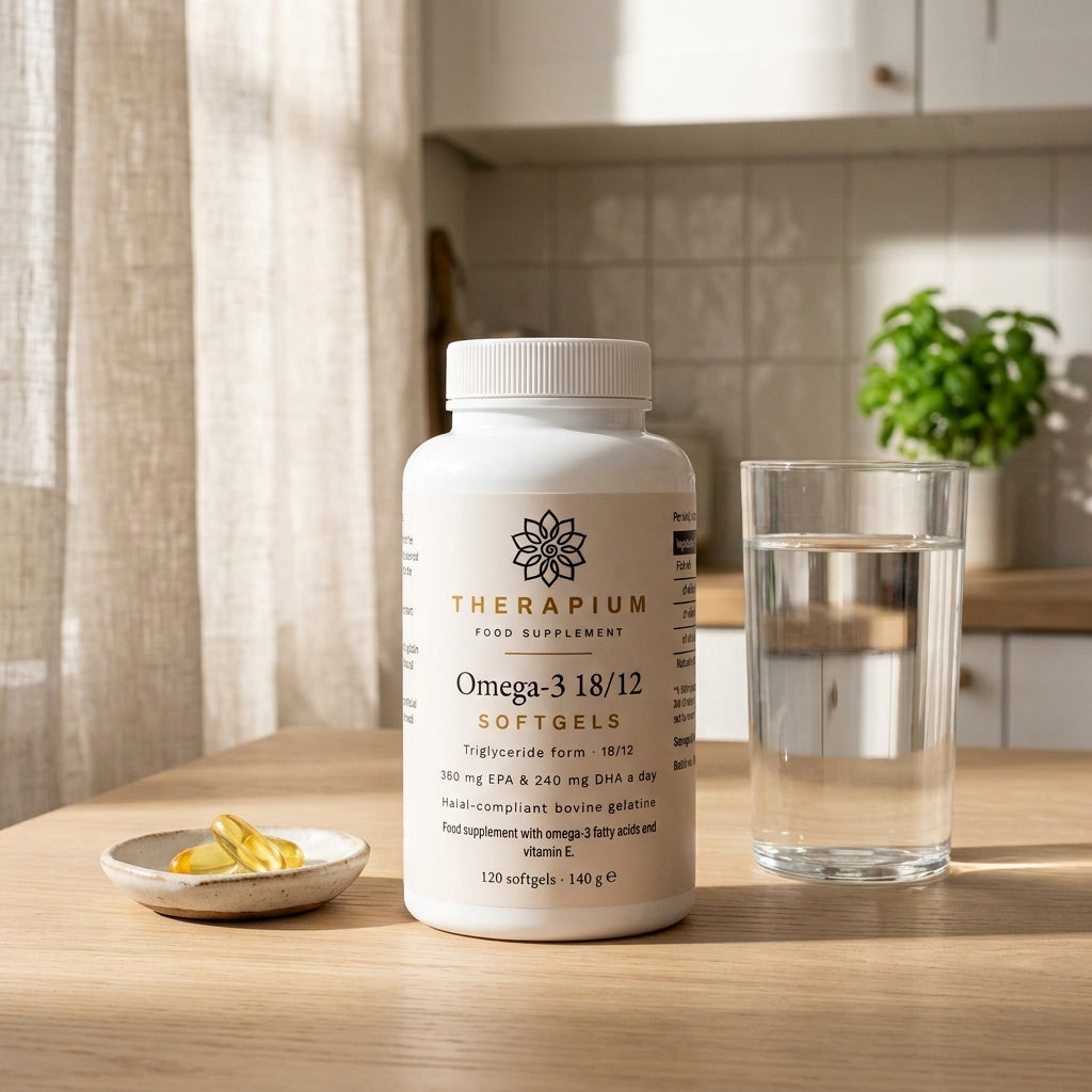 Therapium omega 3 triglyceride 18 12 halal gelatin 120 softgels — Morning: Two softgels with a meal