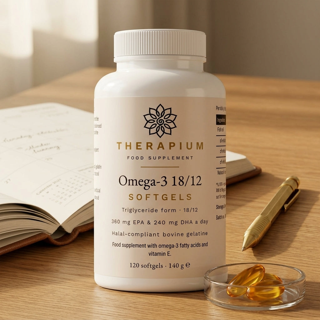 Therapium omega 3 triglyceride 18 12 halal gelatin 120 softgels — Real size: On the table