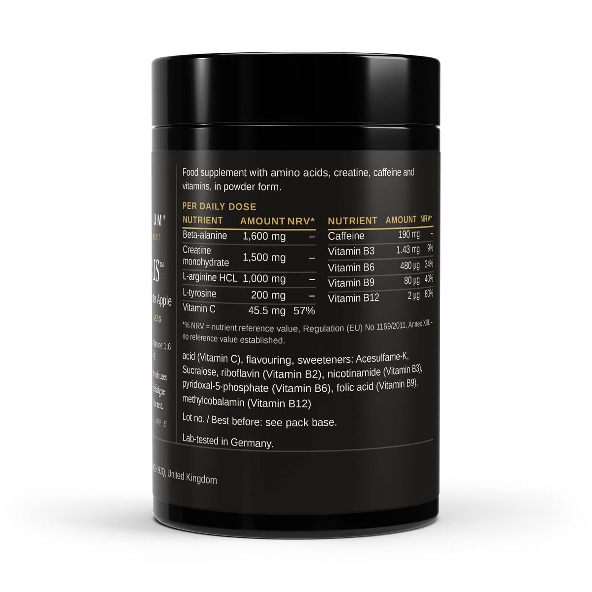 Therapium VIGORIS Pre-Workout Booster Apple label with the per-scoop nutrient table