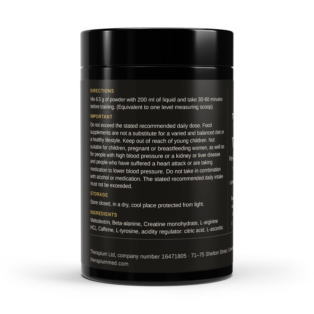 Therapium VIGORIS Pre-Workout Booster Apple, back of tin with directions and warnings