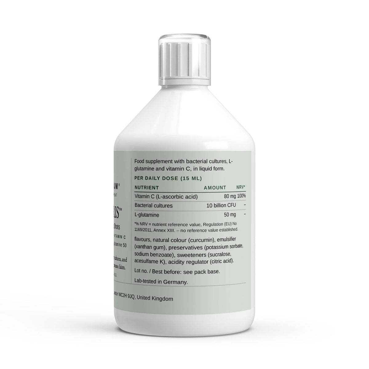 Therapium FLORARIS Bacterial Culture Shots bottle, back label with the per-daily-dose nutrition table