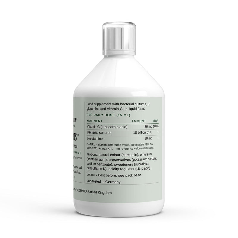 The FLORARIS bacterial culture shot label with the nutrition table