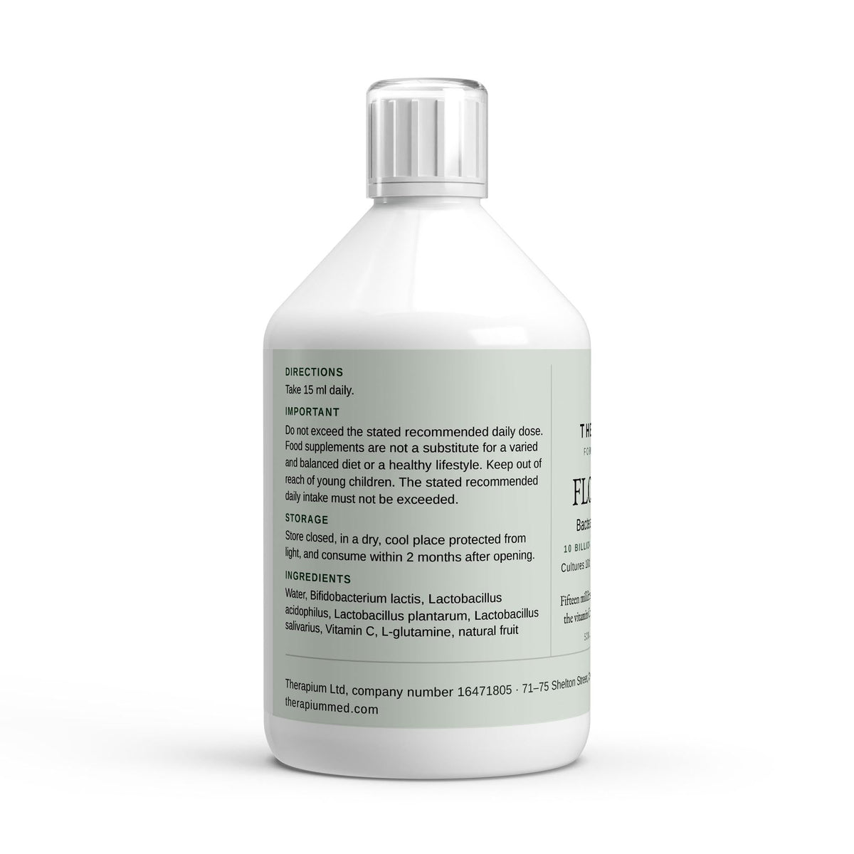 Therapium FLORARIS Bacterial Culture Shots bottle, side panel with directions and full ingredient list