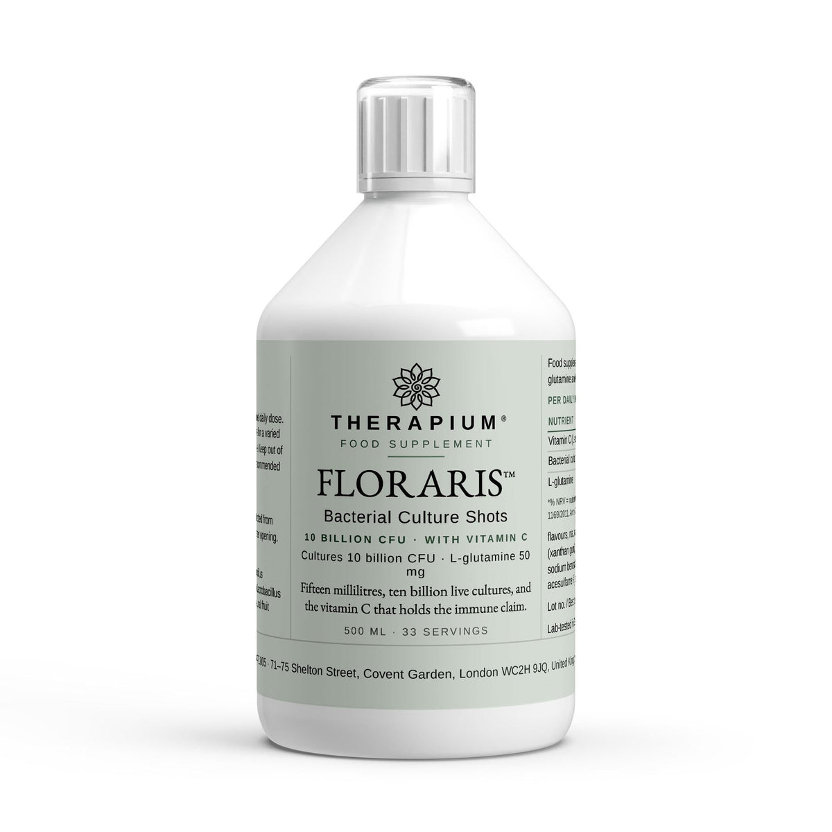 Therapium FLORARIS Bacterial Culture Shots bottle, front studio render with the 10 billion CFU tagline