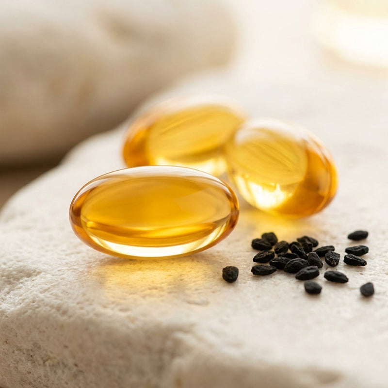 Close-up of the amber softgels and their golden oil fill