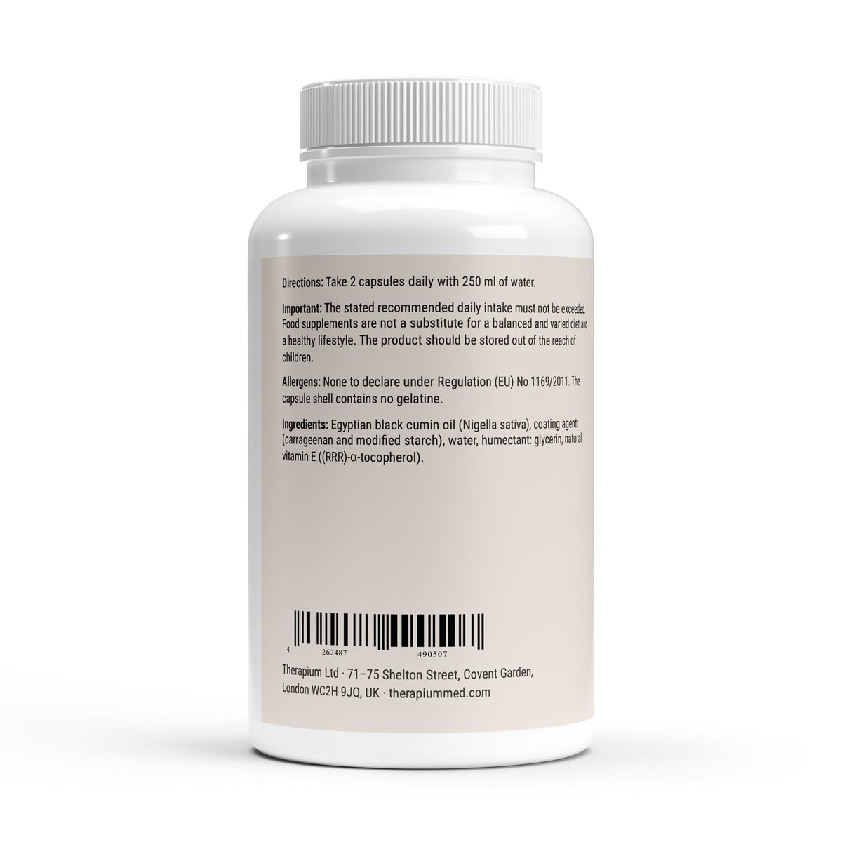 Therapium Black Cumin Oil softgels — back of the bottle